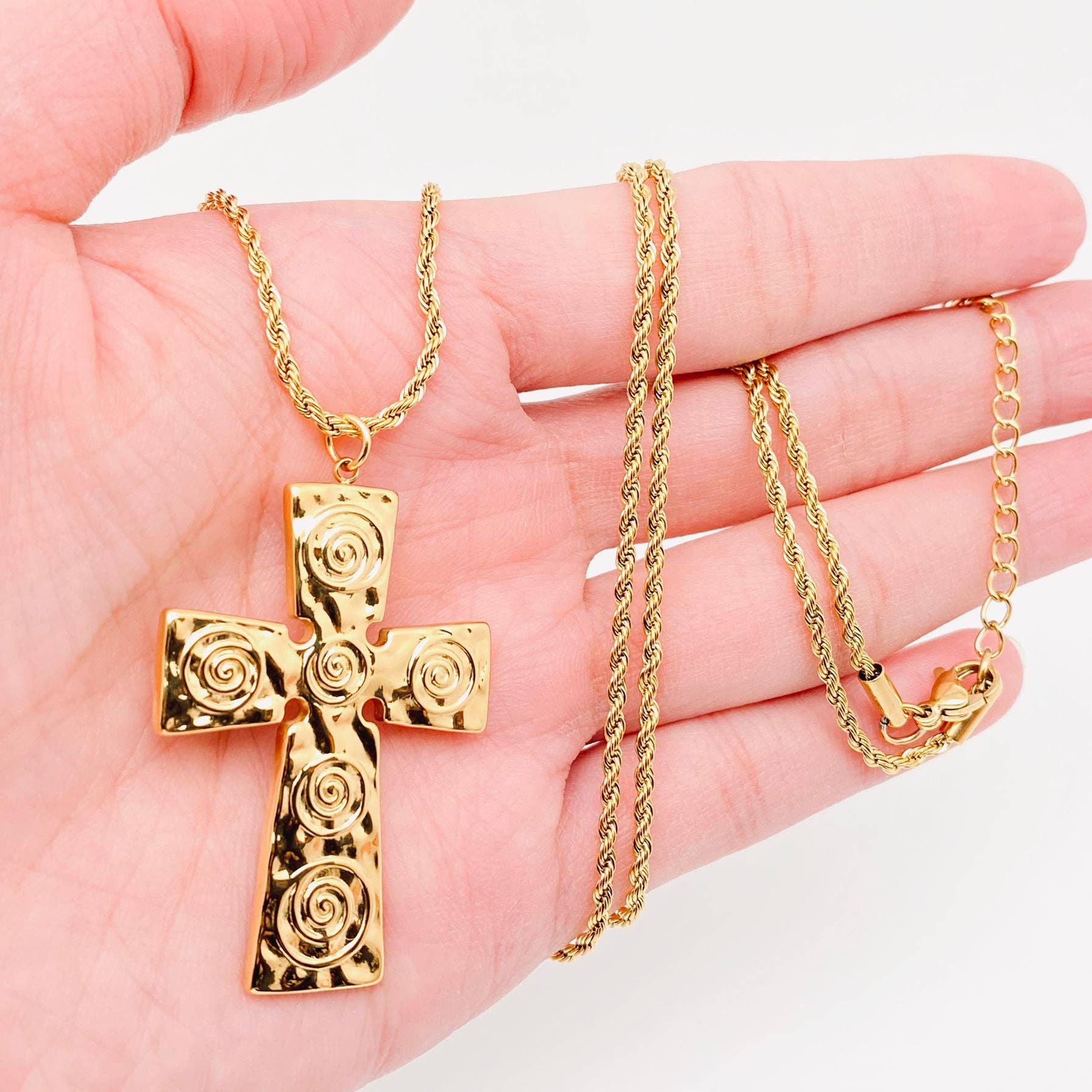 Vortex Pleated Cross & Twist Chain 18K Gold Plated Necklace