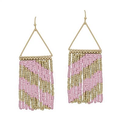 Gold Triangle with Gold & Pink Seed Bead Tassel Earring