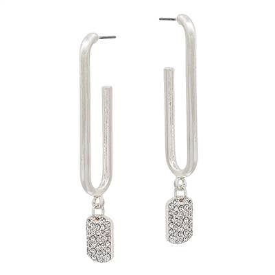 Silver Open Oval with Rhinestone Drop 2" Earring