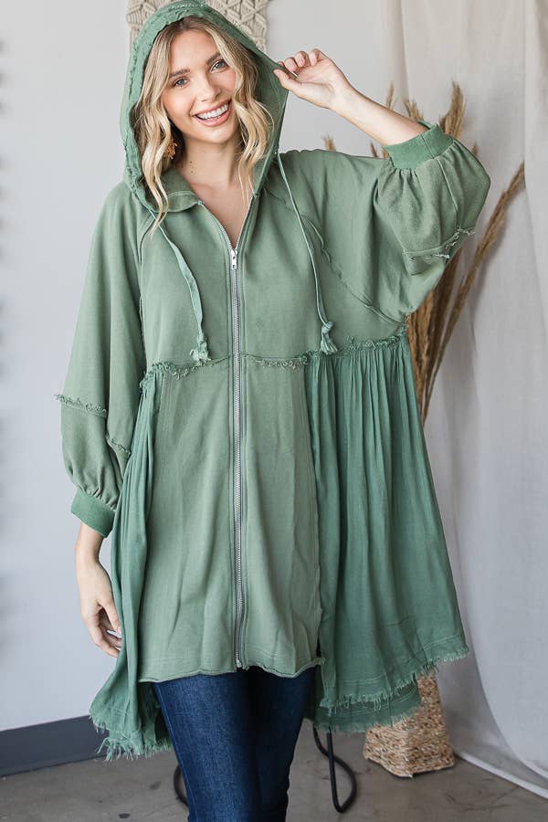 MINERAL WASHED CONTRAST SIDE DETAIL COTTON BLEND HOODIE