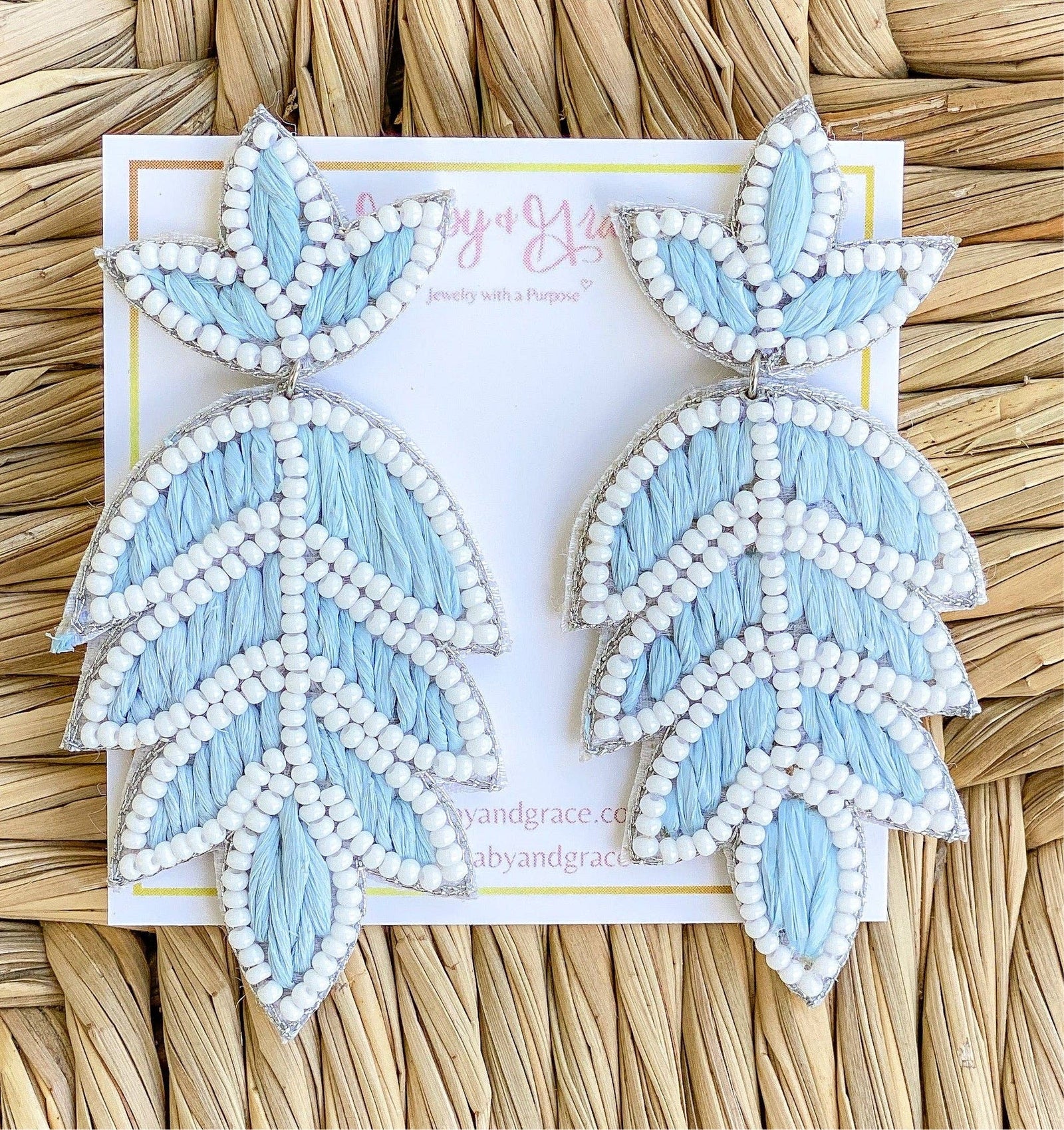 Lilly Raffia  Earrings | White & Carolina Blue