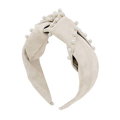 Natural Leather with Pearl Accents Headband