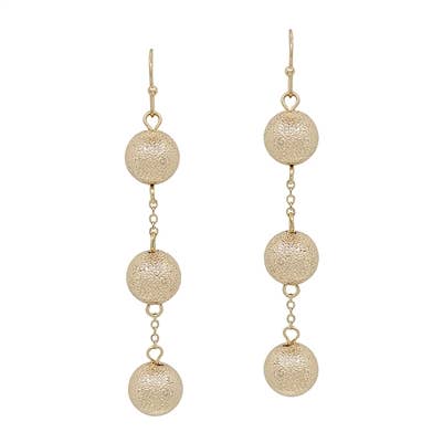 Gold Textured Beaded 3 Drop 2" Earring