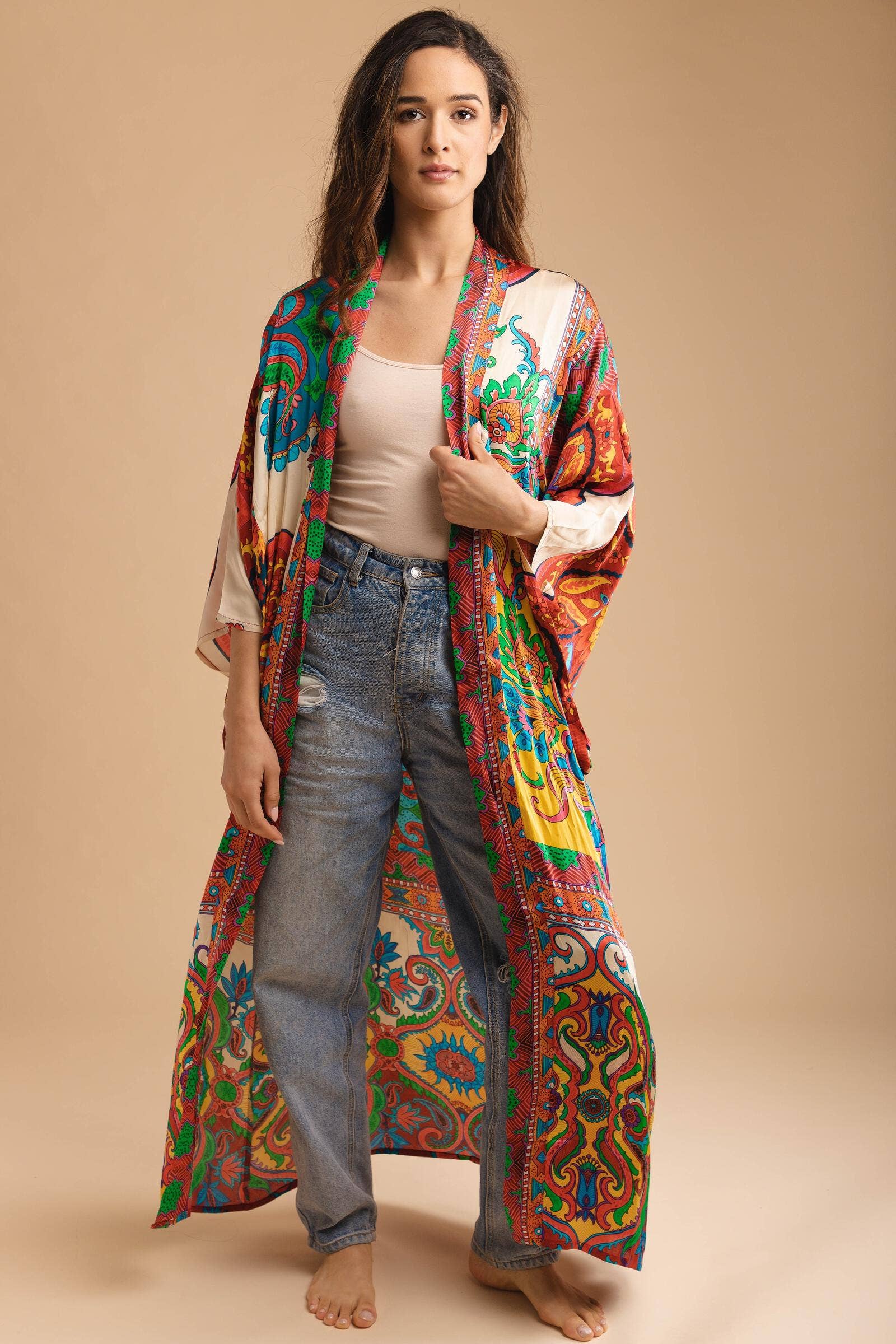Margo Multi Paisley Print Kimono: Orange