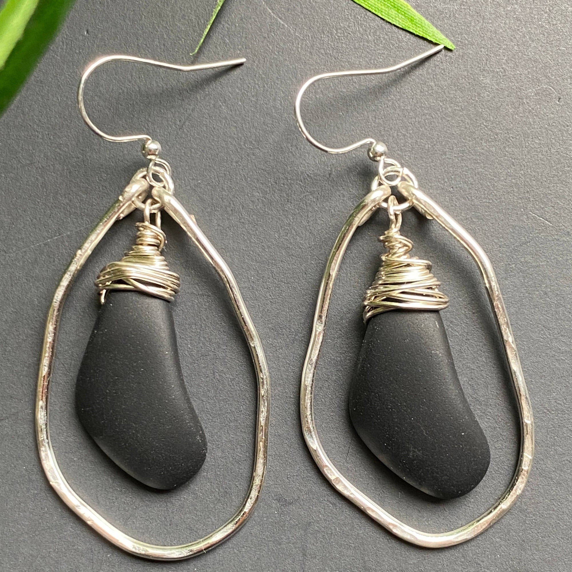 Black - Silver Organic Hoop Black Drop Earrings