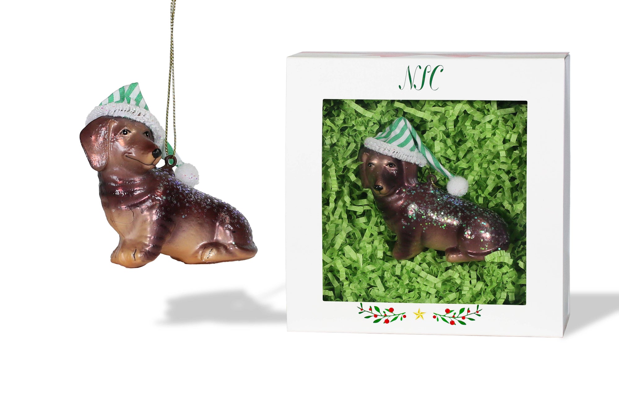 Dachshund with Hat Glass Ornament