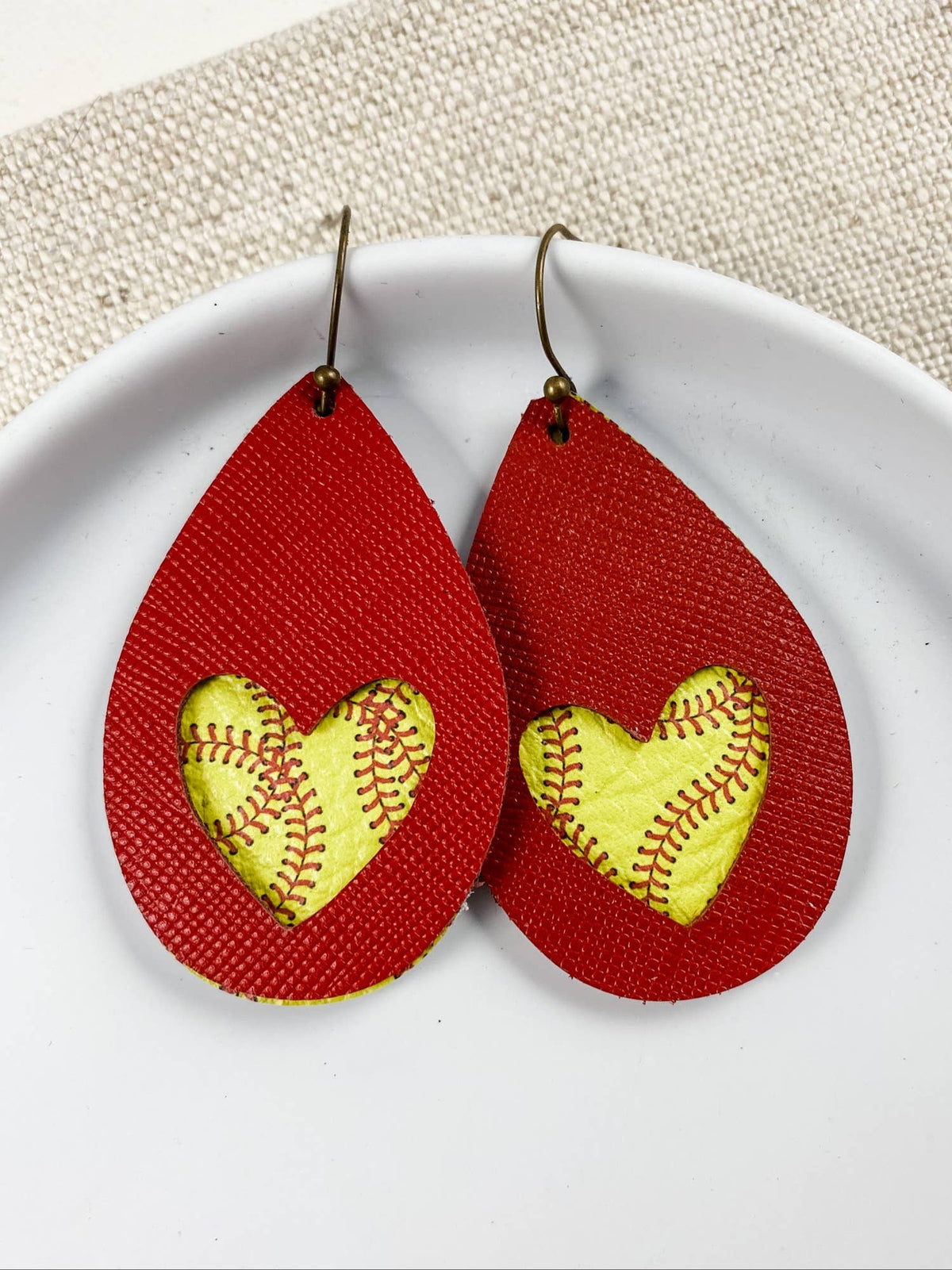 Softball Heart Teardrops | handmade leather sports earrings