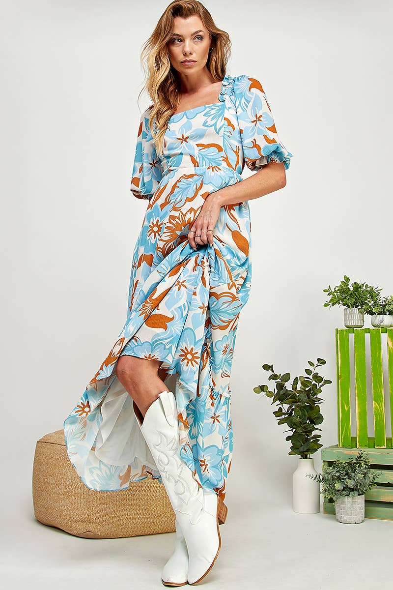 FLORAL PRINT TIERED AND RUFFLED A LINE DRESS
