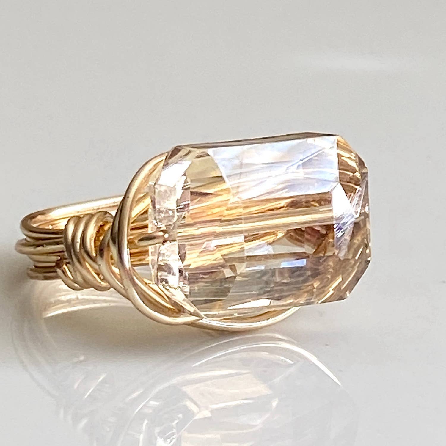 Crystal Gold Ring Champagne Rectangle Wire Wrapped/ Champagne
