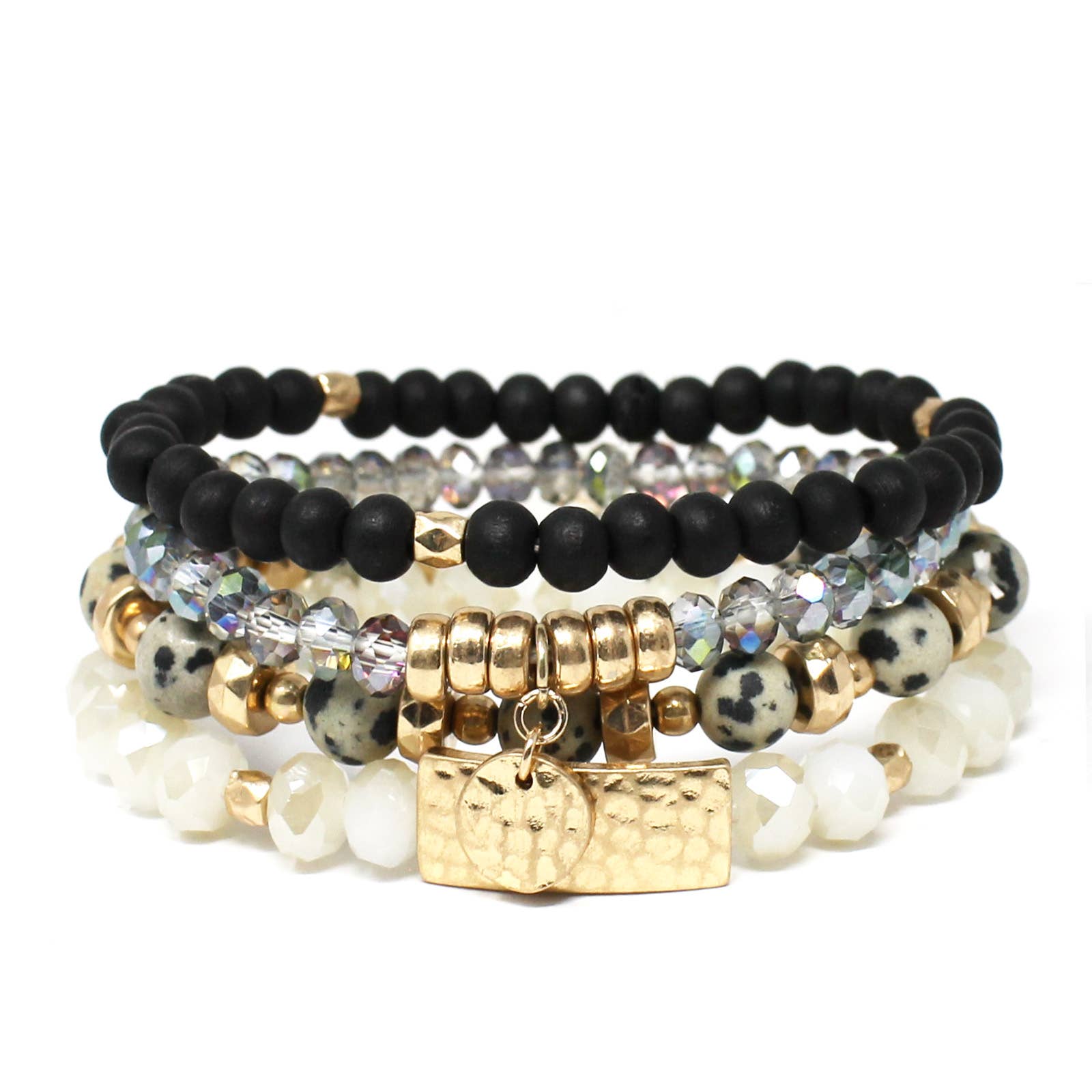 Black Crystal and Dalmatian Stone Set of 4 Stretch Bracelet