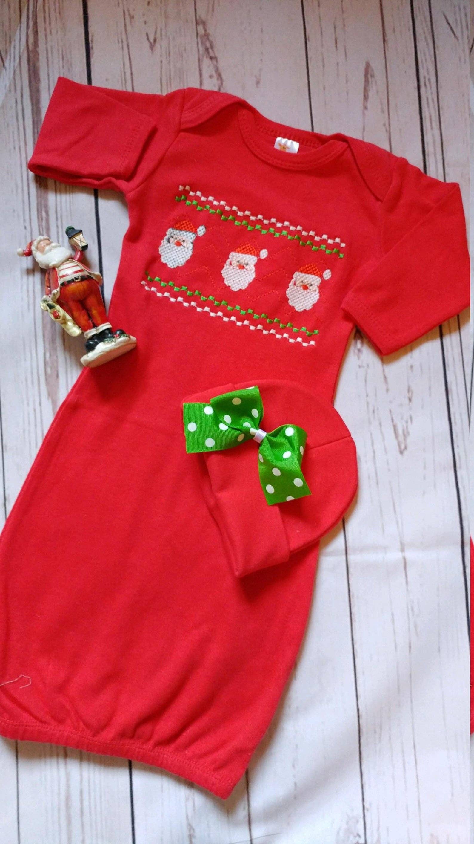 Baby Girl Christmas Faux Smocked Santa Gown with Beanie