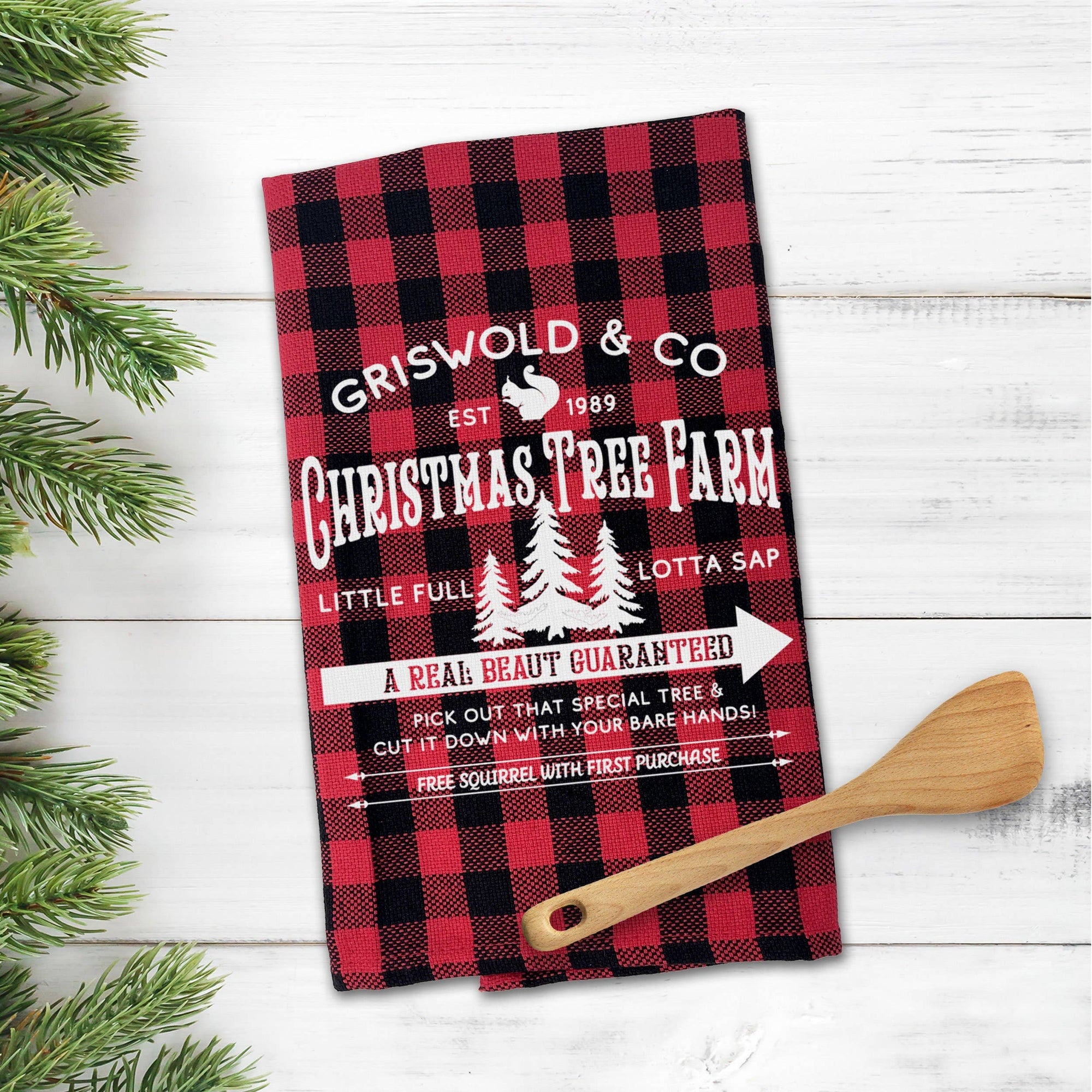 Christmas Vacation Inspired Tea Towel Griswold Christmas Tree Farm Tea Towel Novelty Christmas Tea Towel Black Red Buffalo Plaid
