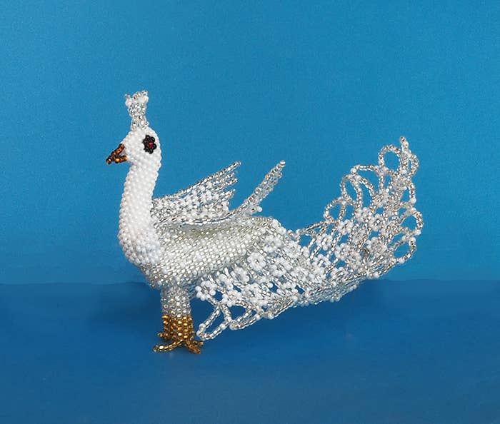 Peacock Ornament In White and Silver - Large