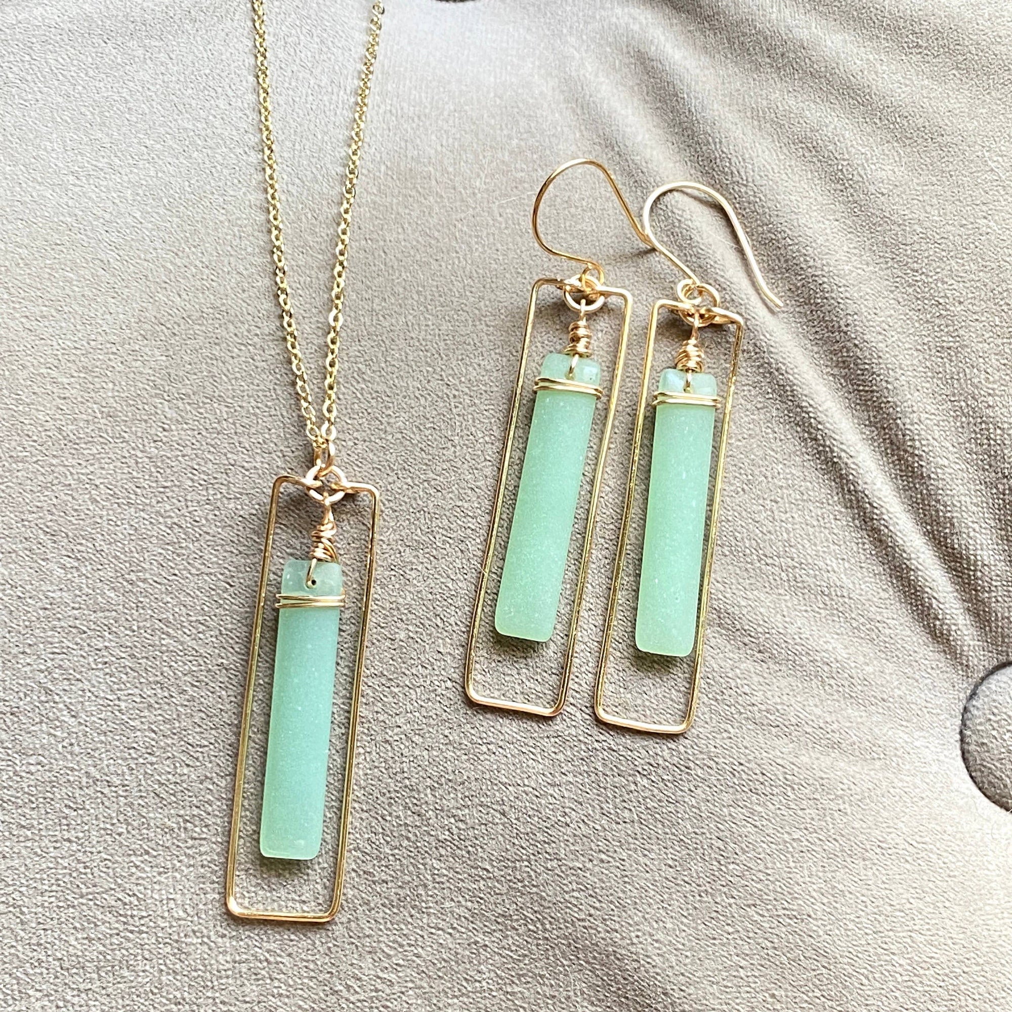 JADE - Gold Rectangle Earrings/Necklace Set Green Frosted Glass