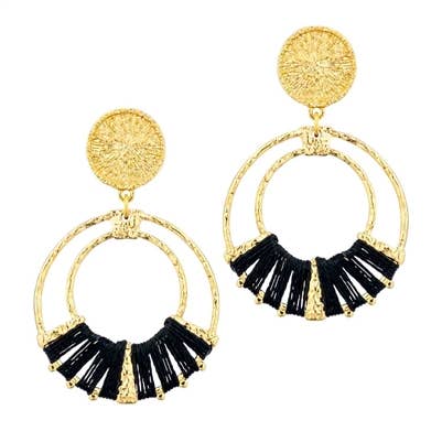 Gold Open Circle with Black Threaded Accent 2" Earring