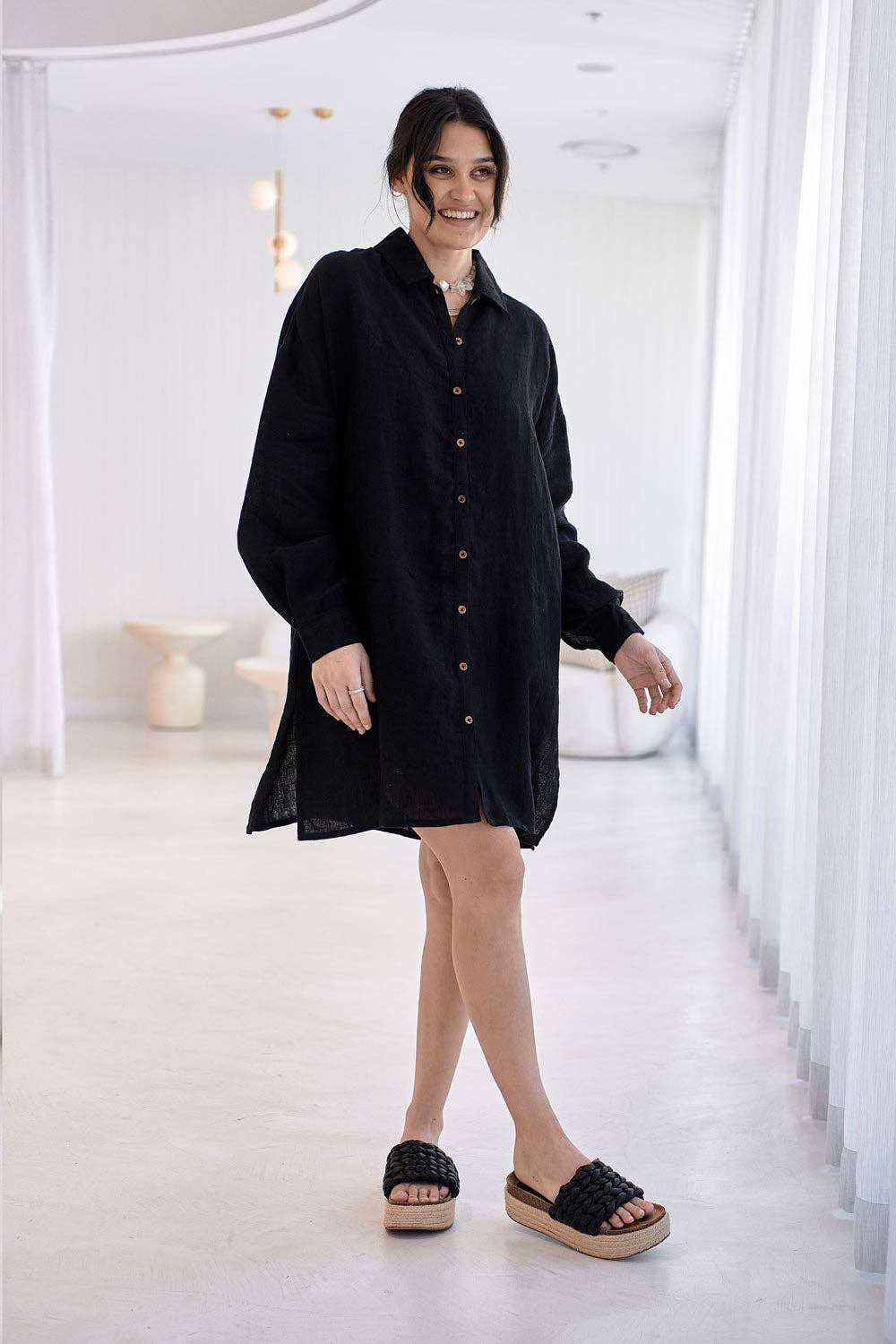 Linen Shift Dress - Black: Black / M/L