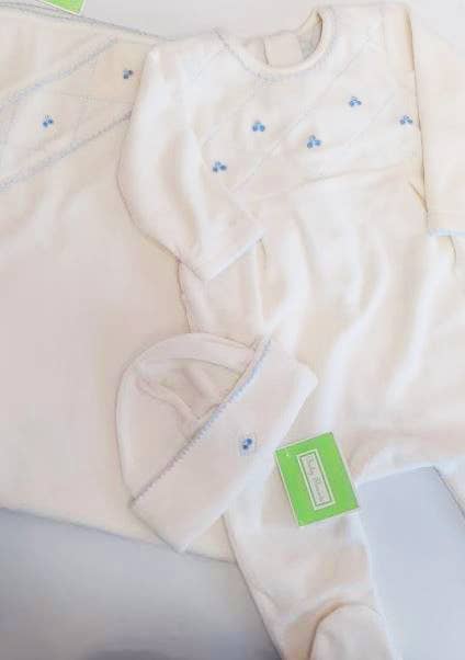 Ivory Velour Smocked Baby Boy Footie, with Matching Blanket and Hat