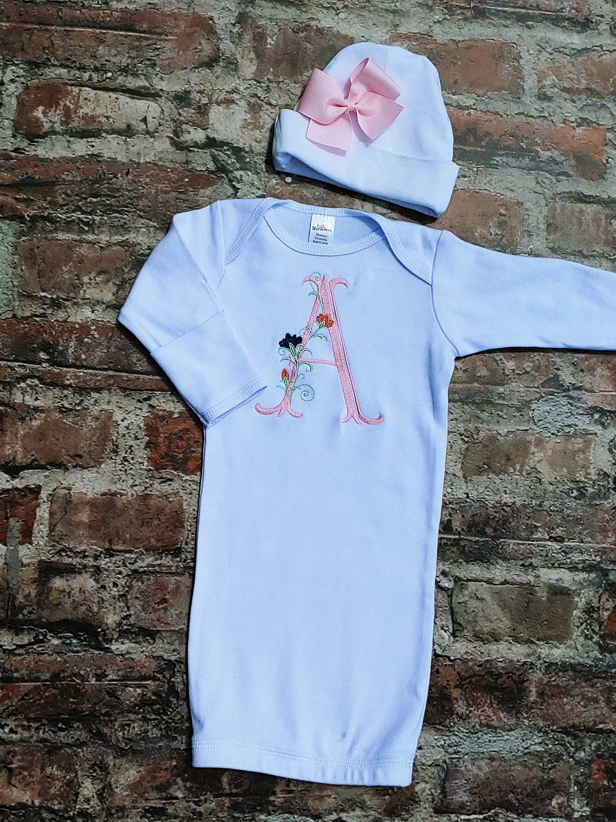 Floral Initial Layette Gown with Beanie