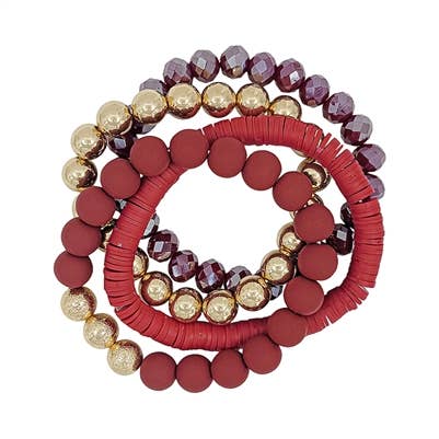 Maroon Rubber, Crystal, and Gold Set of 4 Stretch Bracelets