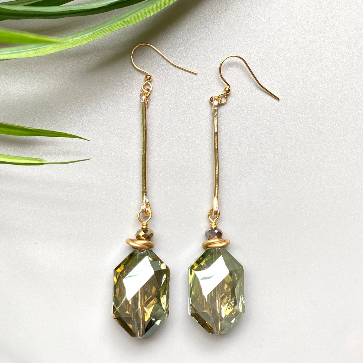 Green - Bold Green Crystal Earrings Hammered Connector Bar Drop