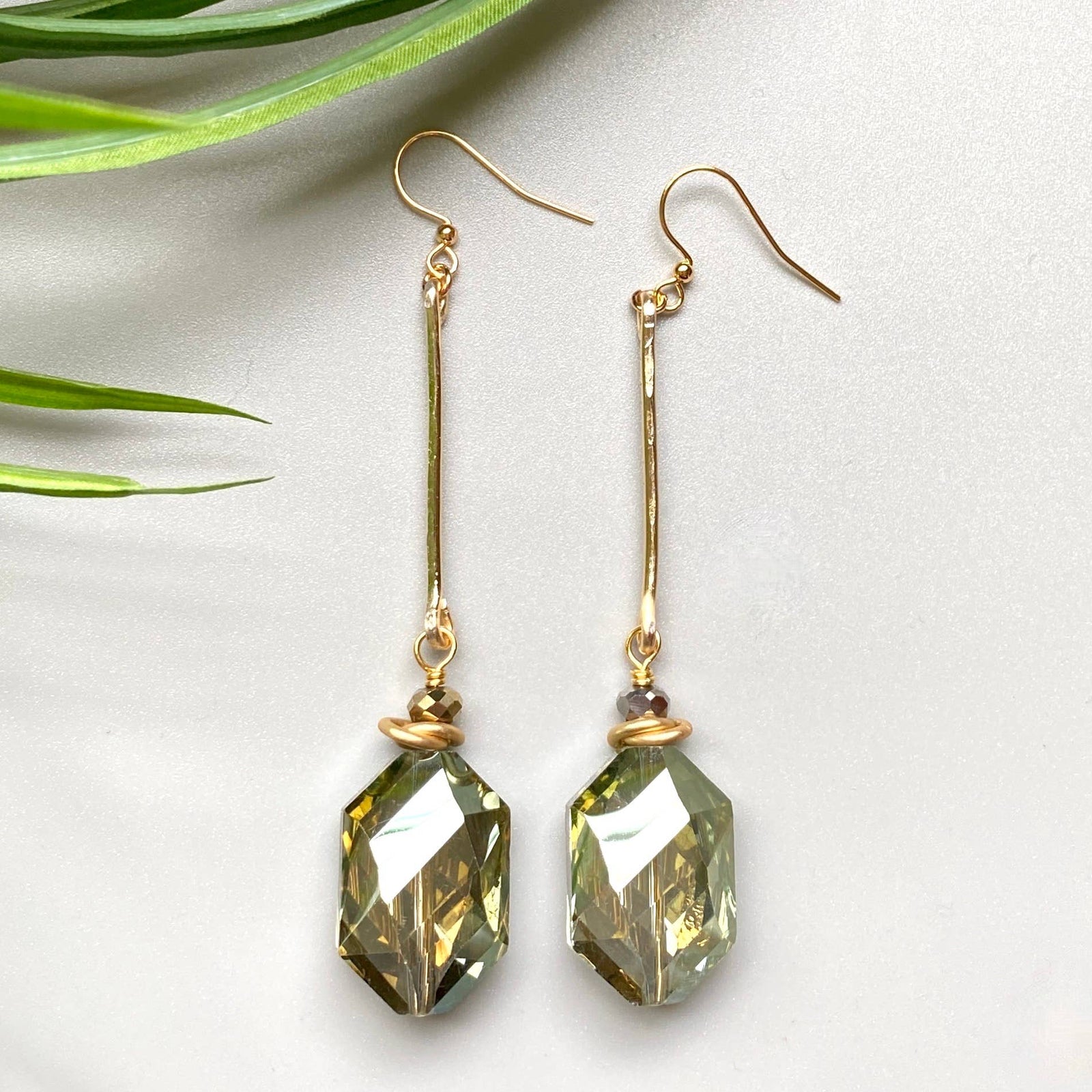 Green - Bold Green Crystal Earrings Hammered Connector Bar Drop