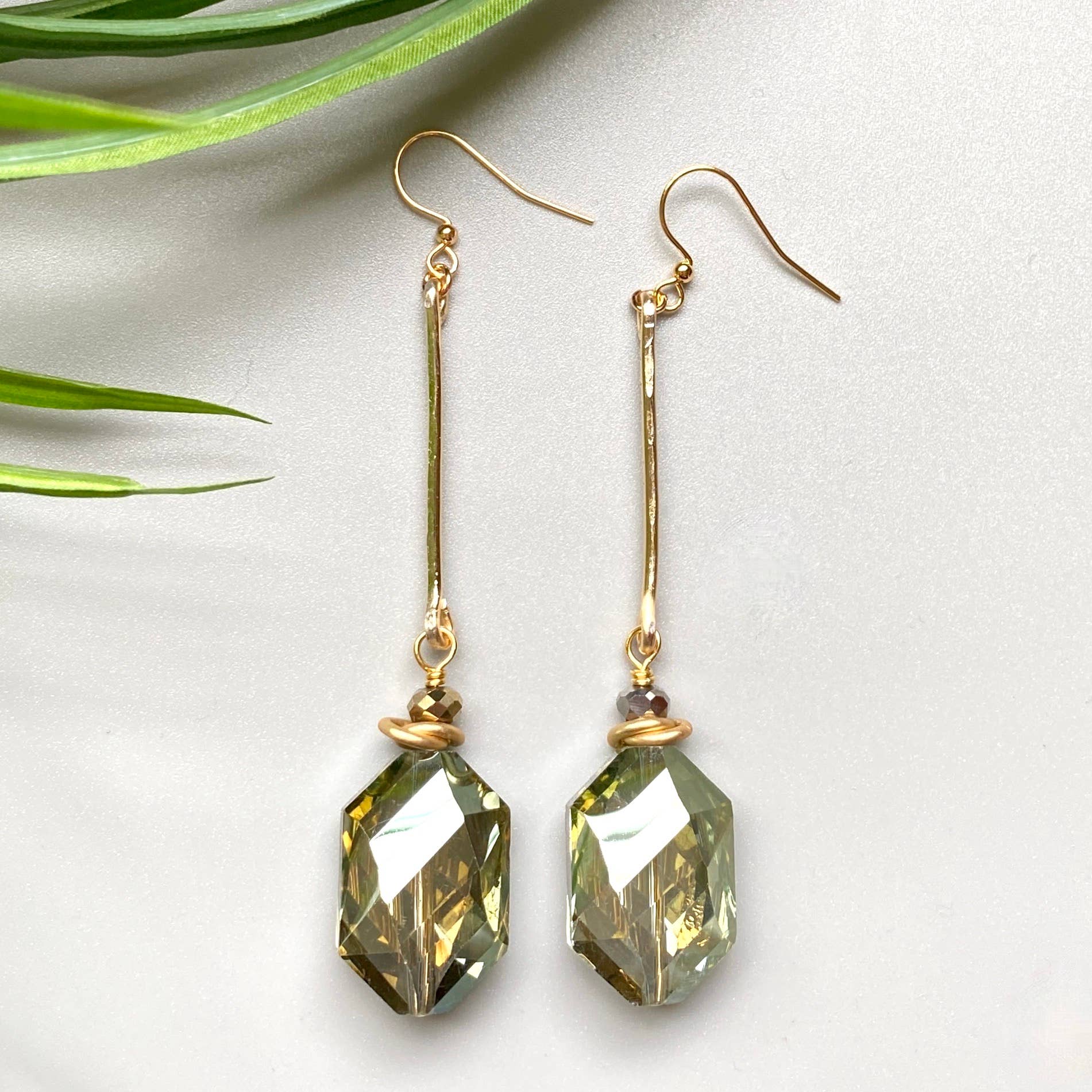 Bold Green Crystal Earrings Hammered Connector Bar Drop