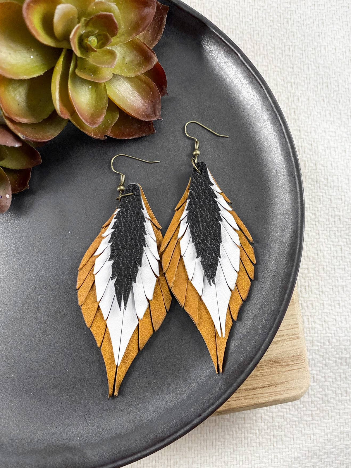Modern Neutral Fringe | handmade feather leather earrings