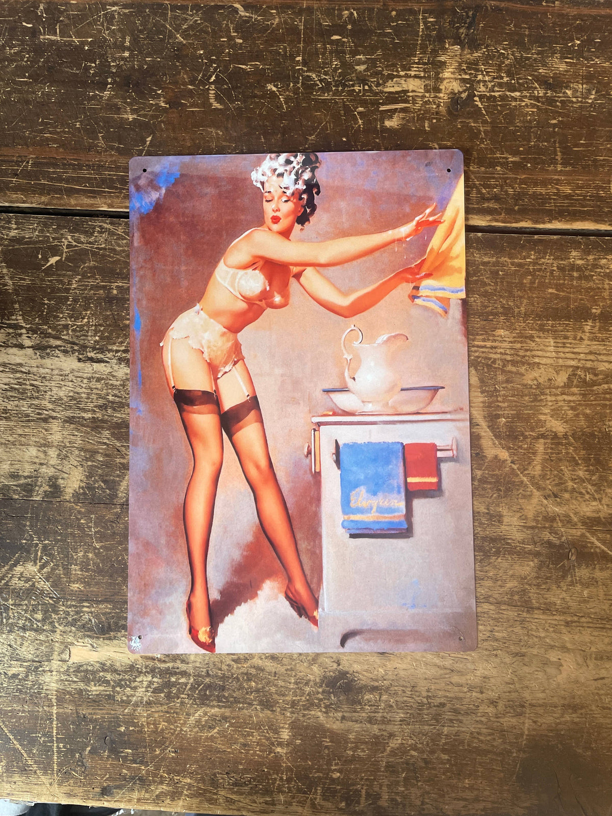 Pin Up Girl In Bathroom  Metal Personalised Art Wall Sign