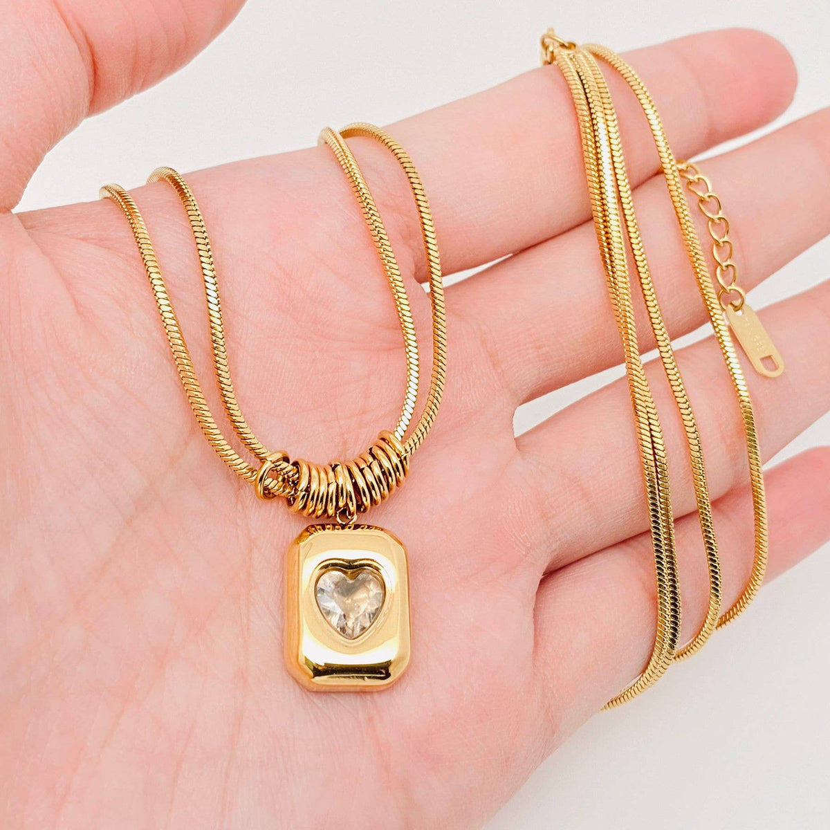 Heart Shape Gemstone 18K Gold Plated Double Chain Necklace