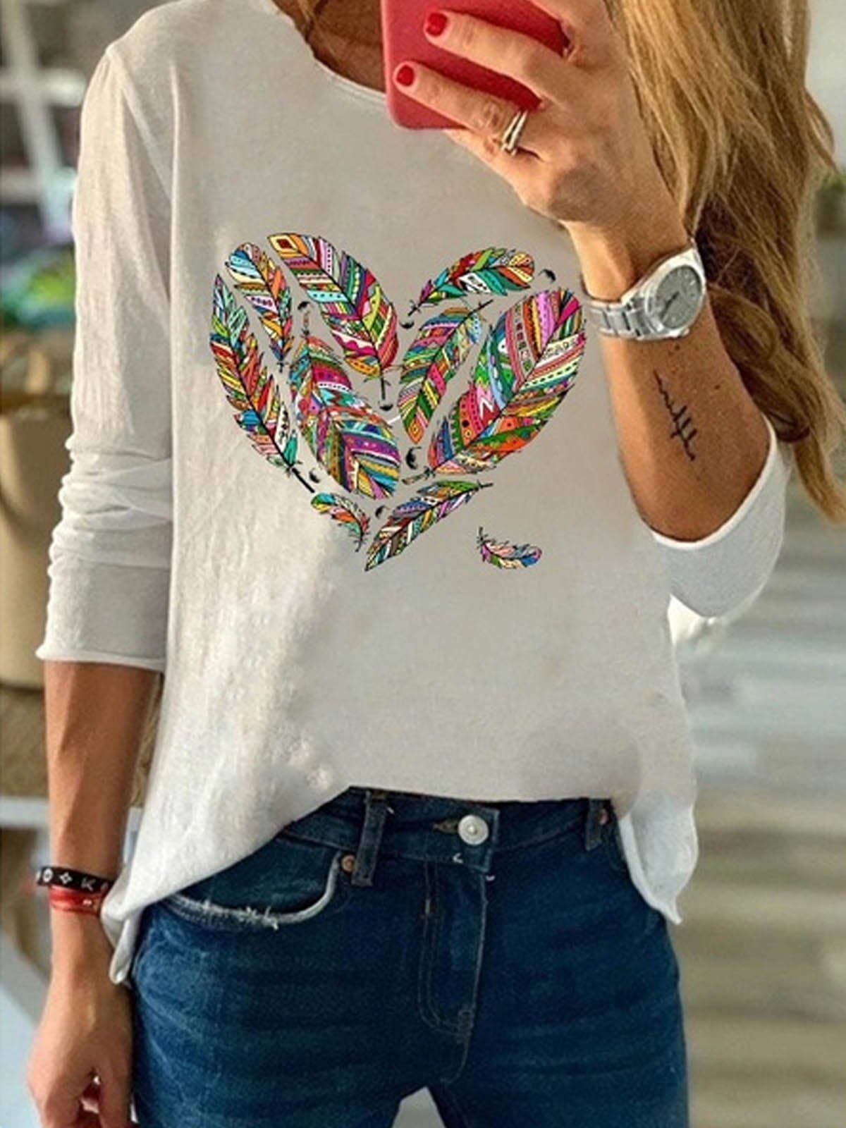 Feather Heart Printed Round Neck T-shirt