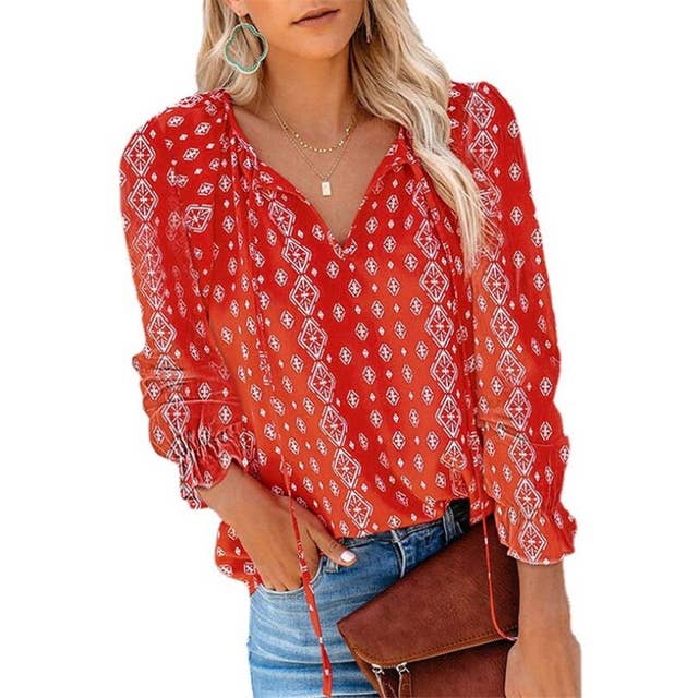 Women's Sexy V Neck Lace Up Casual Shirt Pullover Tops