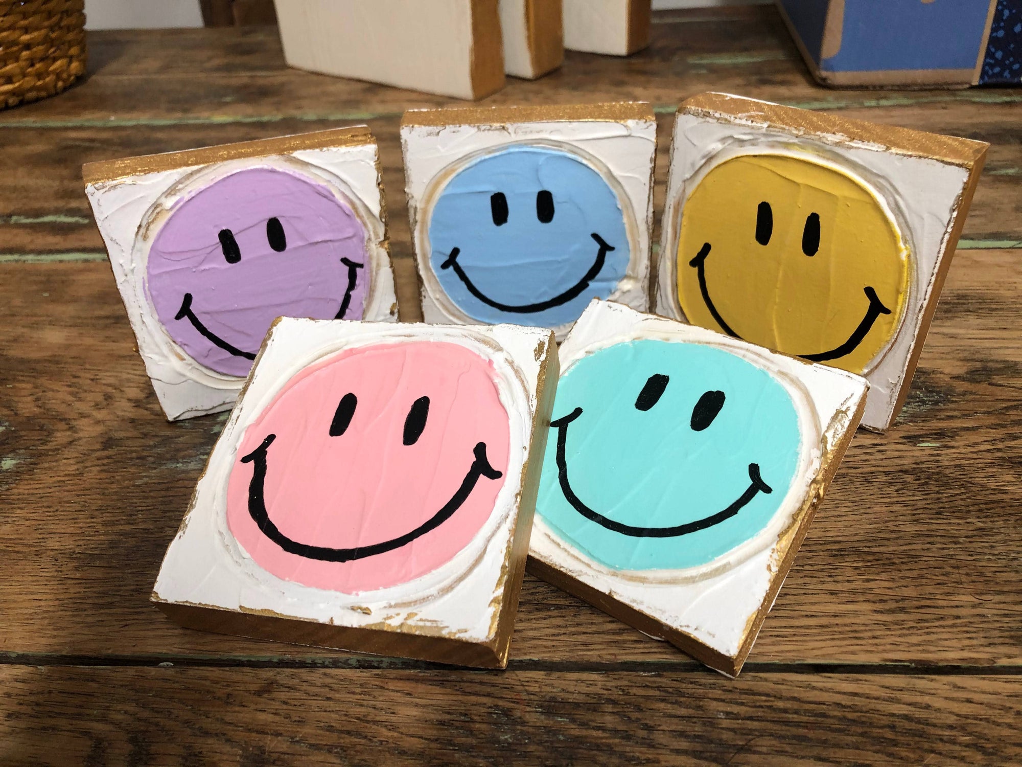 3x3 Smiley Face handmade painted textured mini wood block