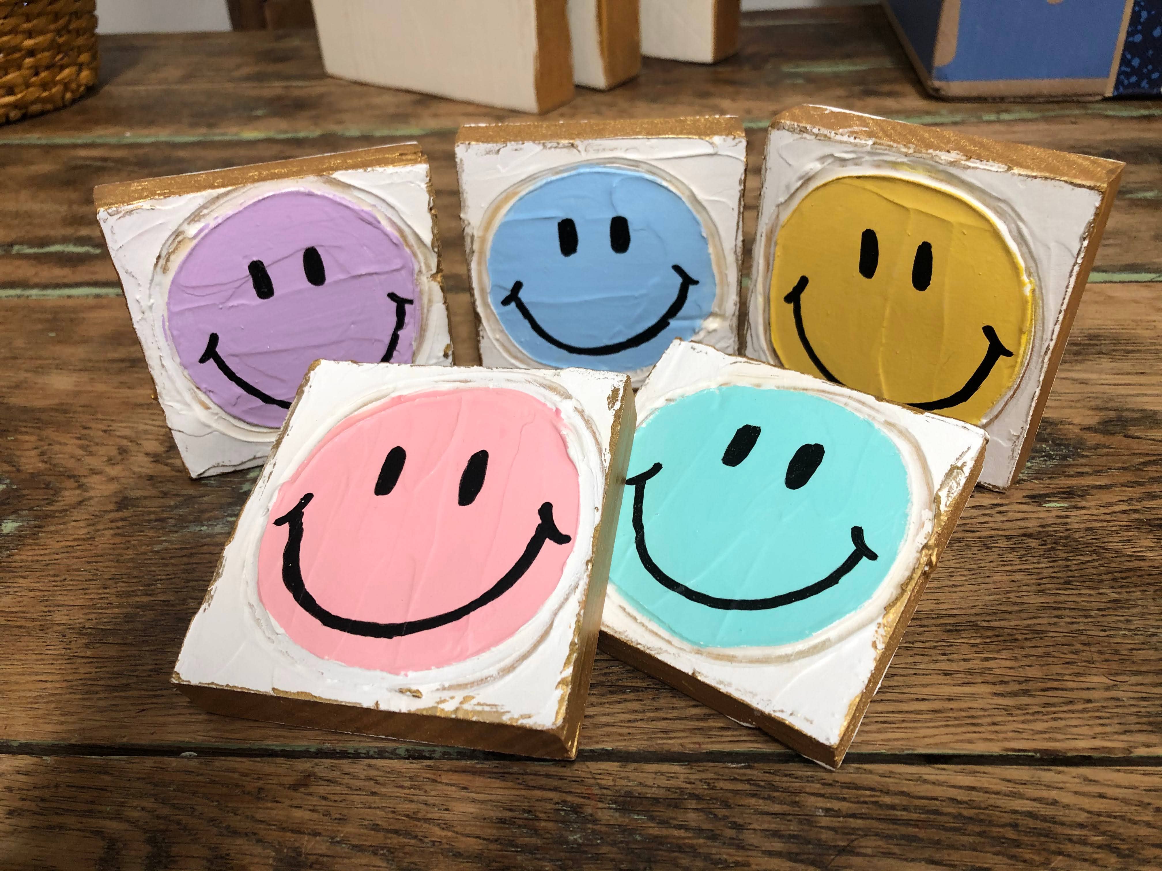 3x3 Smiley Face handmade painted textured mini wood block - Feelin