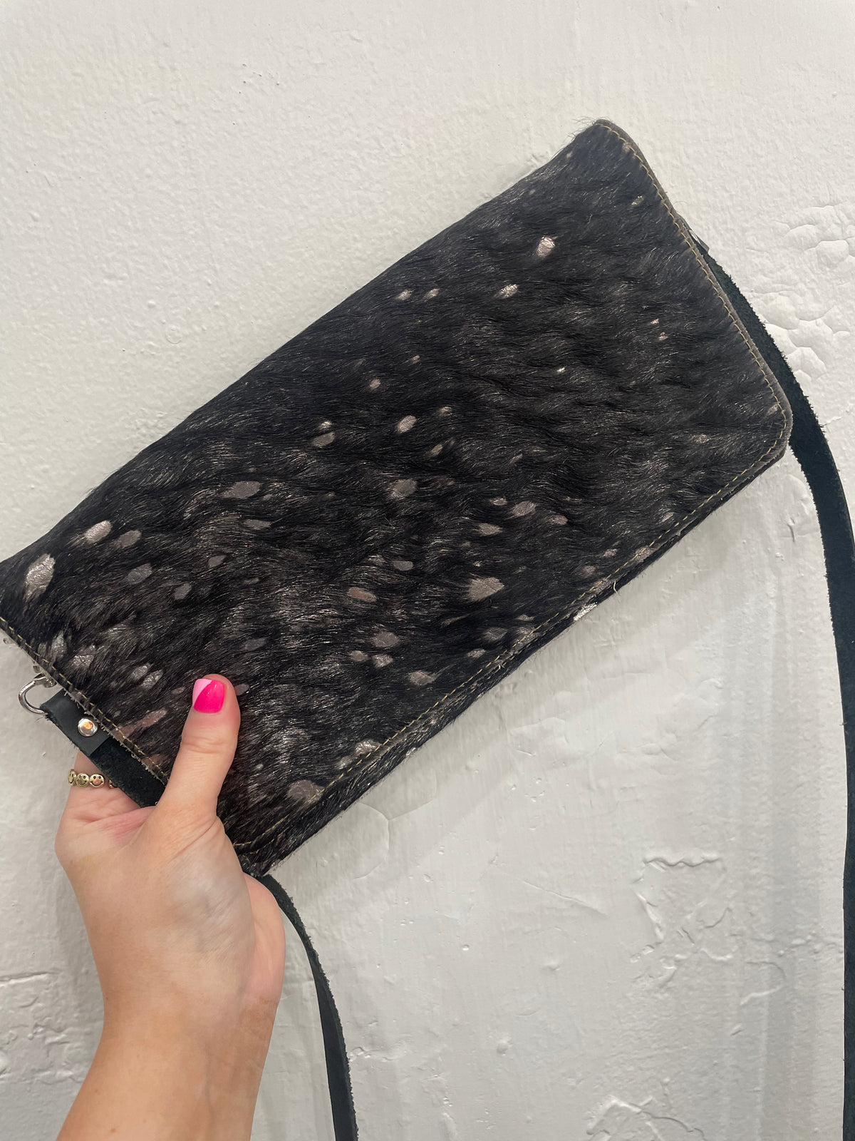 Faux Fur &amp; Black Leather Strap Purse