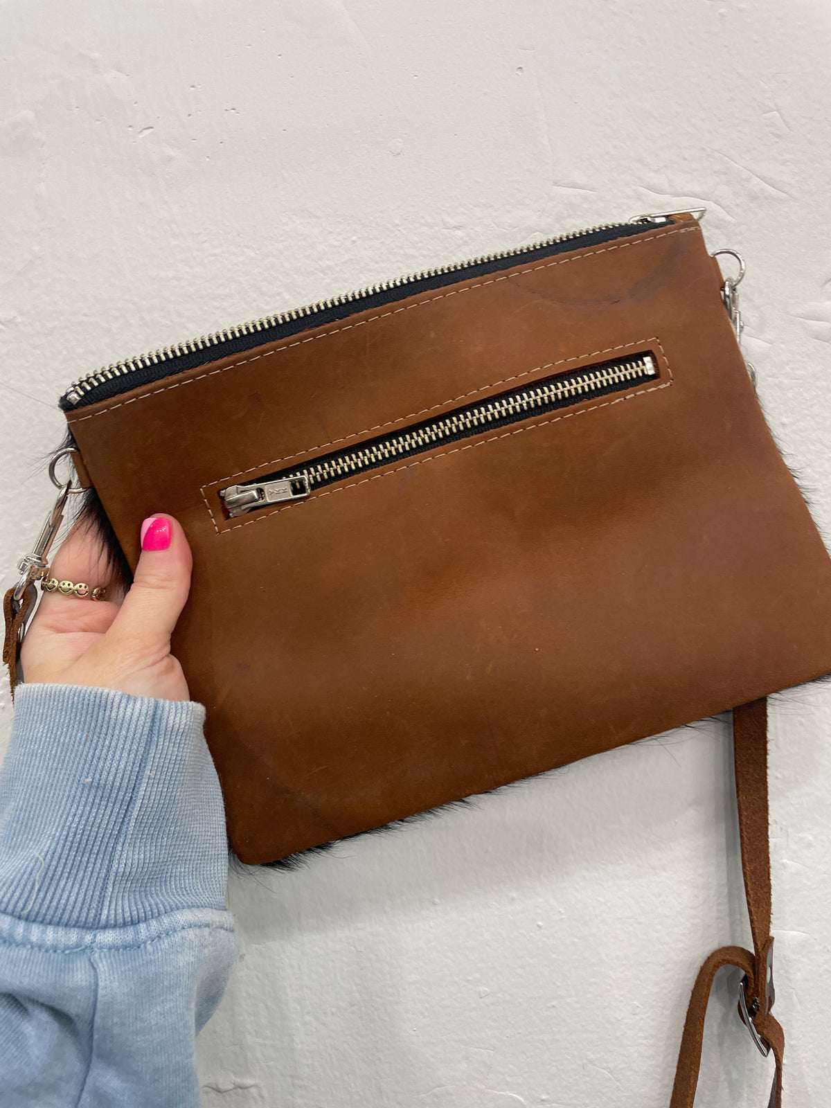 Faux Fur &amp; Leather Purse with Back Zipper