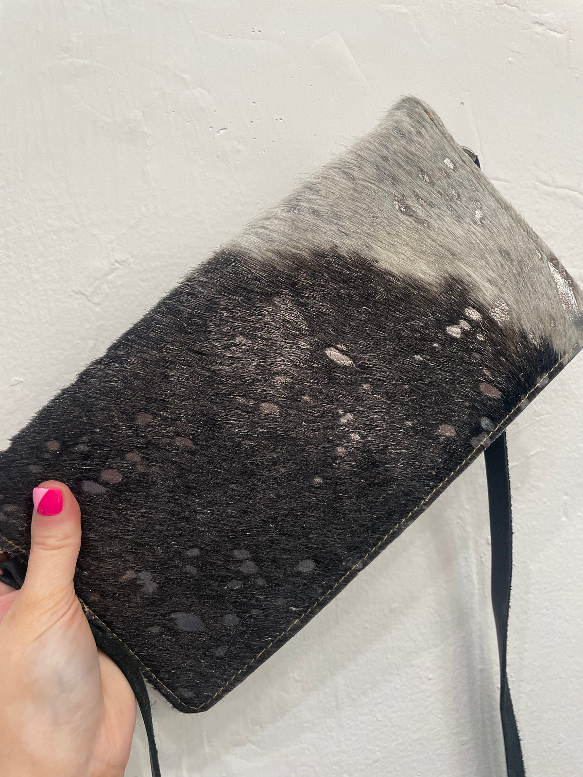 Faux Fur &amp; Black Leather Strap Purse
